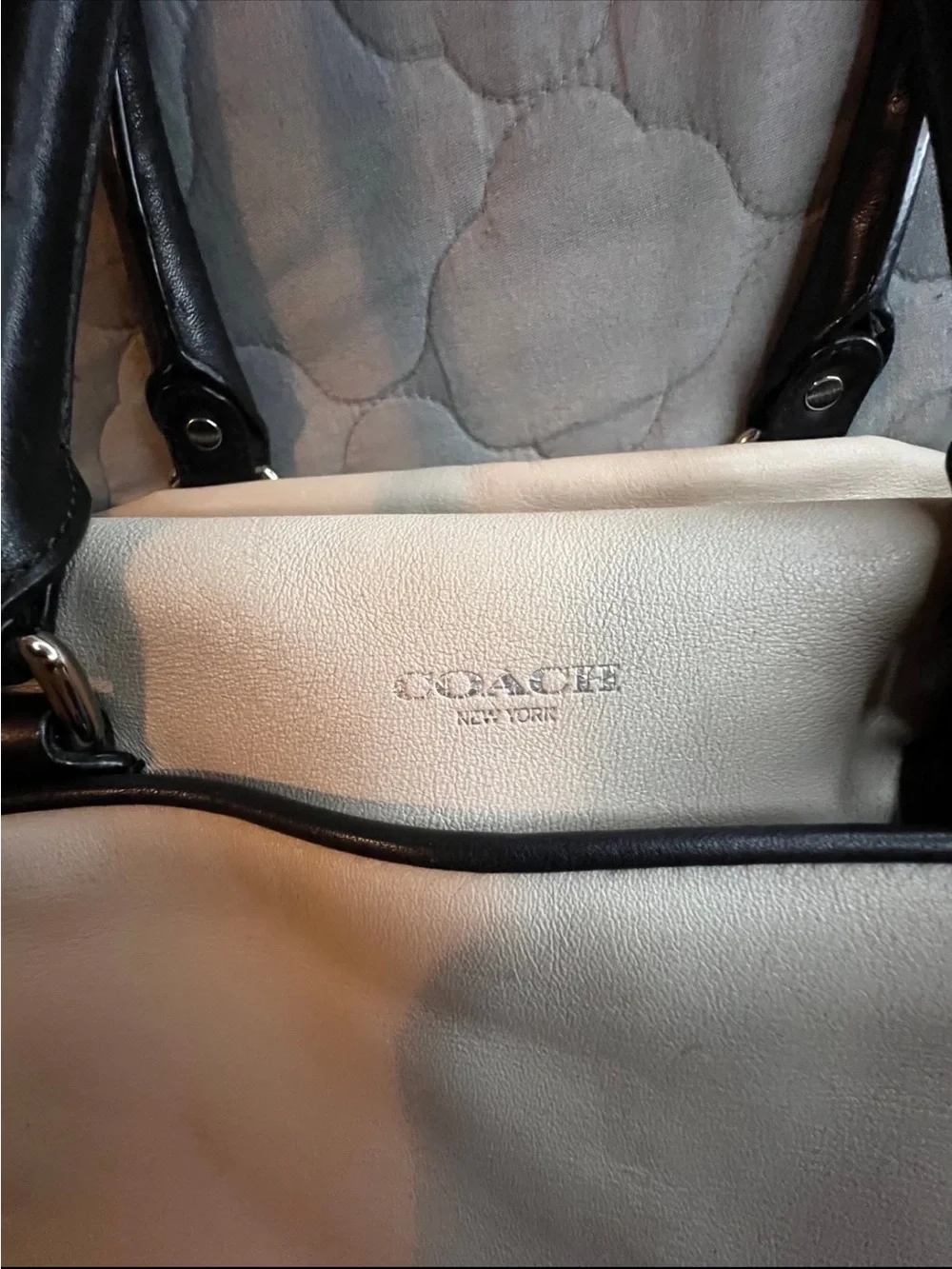 Coach Two-Tone Leather Satchel in Cream and Black with Tassel
